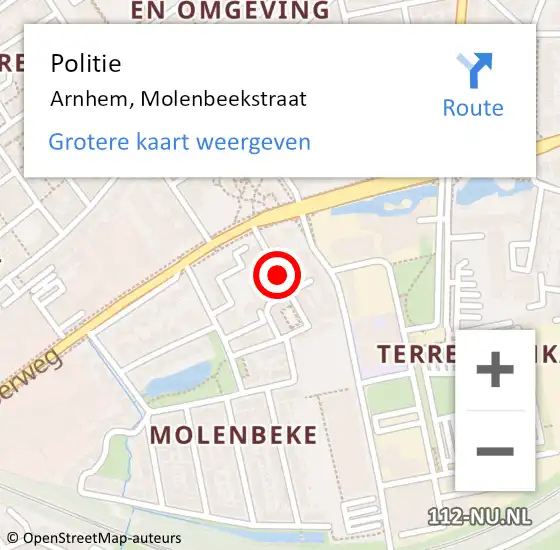 Locatie op kaart van de 112 melding: Politie Arnhem, Molenbeekstraat op 3 mei 2021 12:32