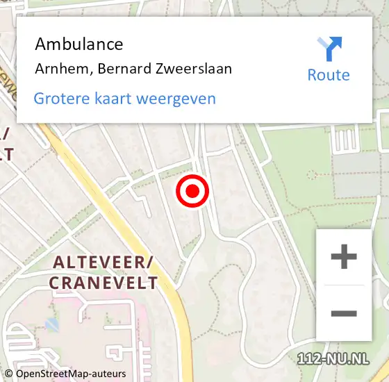 Locatie op kaart van de 112 melding: Ambulance Arnhem, Bernard Zweerslaan op 3 mei 2021 14:07