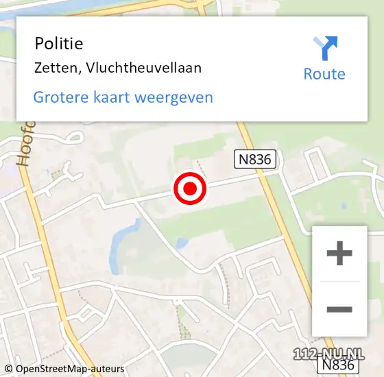 Locatie op kaart van de 112 melding: Politie Zetten, Vluchtheuvellaan op 3 mei 2021 14:47