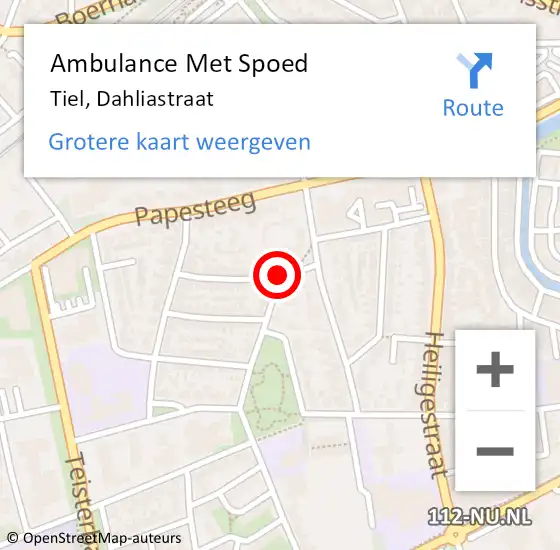 Locatie op kaart van de 112 melding: Ambulance Met Spoed Naar Tiel, Dahliastraat op 3 mei 2021 20:22