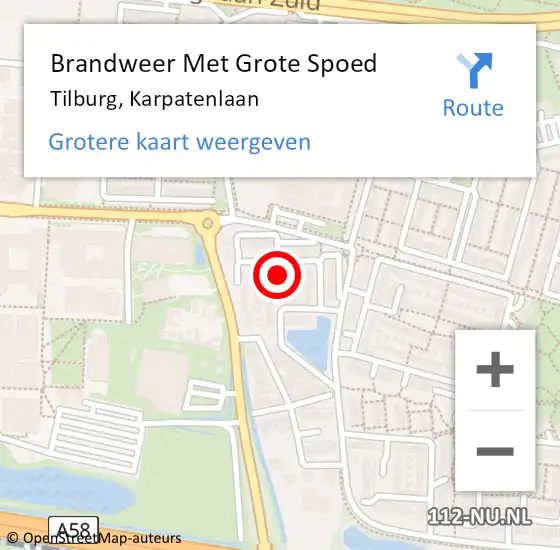 Locatie op kaart van de 112 melding: Brandweer Met Grote Spoed Naar Tilburg, Karpatenlaan op 4 mei 2021 10:37