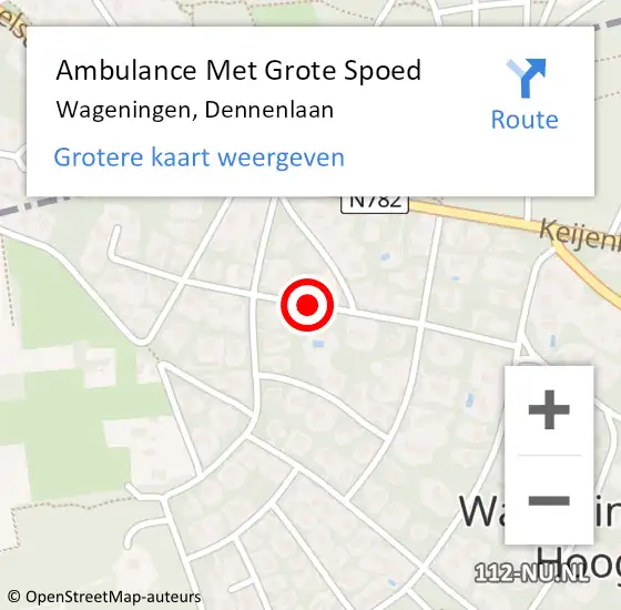 Locatie op kaart van de 112 melding: Ambulance Met Grote Spoed Naar Wageningen, Dennenlaan op 5 mei 2021 07:32