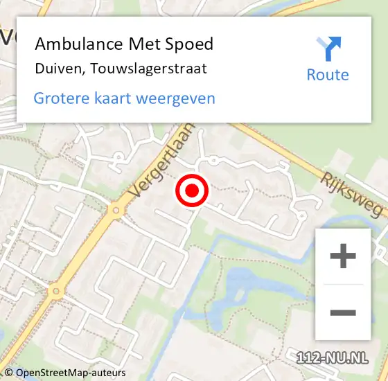 Locatie op kaart van de 112 melding: Ambulance Met Spoed Naar Duiven, Touwslagerstraat op 5 mei 2021 16:46