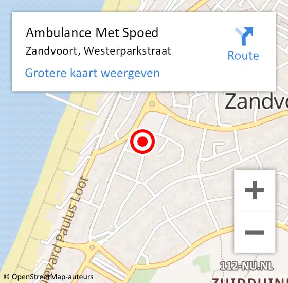 Locatie op kaart van de 112 melding: Ambulance Met Spoed Naar Zandvoort, Westerparkstraat op 6 mei 2021 09:19