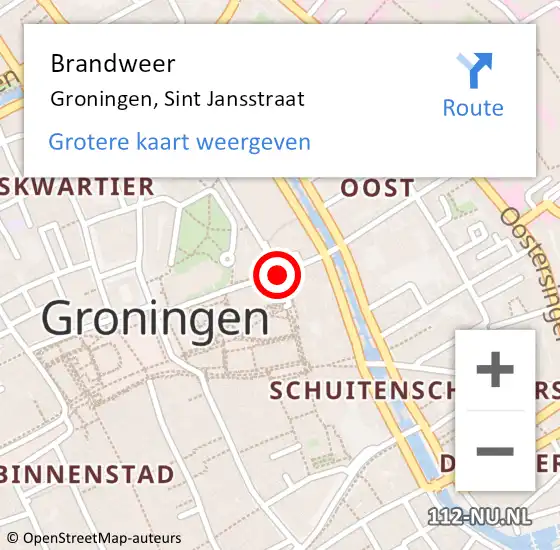 Locatie op kaart van de 112 melding: Brandweer Groningen, Sint Jansstraat op 7 mei 2021 15:17