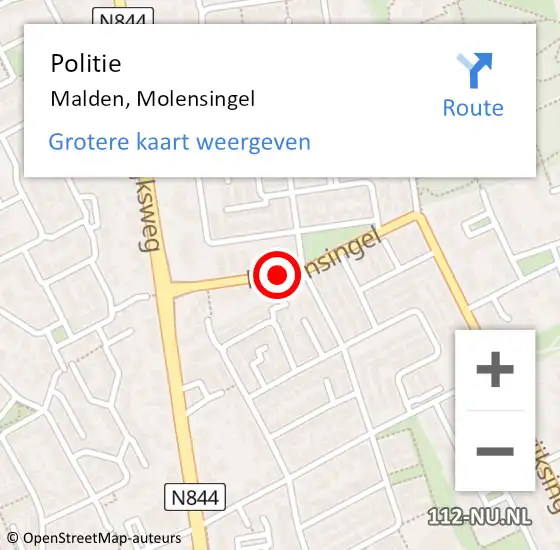 Locatie op kaart van de 112 melding: Politie Malden, Molensingel op 10 mei 2021 11:33