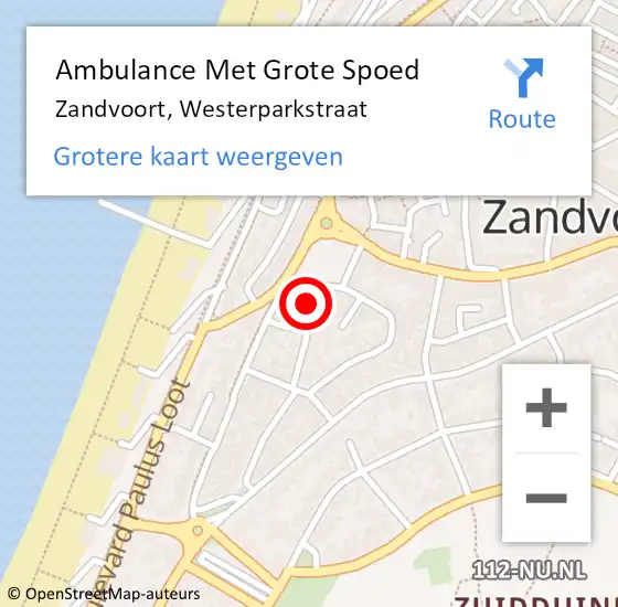 Locatie op kaart van de 112 melding: Ambulance Met Grote Spoed Naar Zandvoort, Westerparkstraat op 10 mei 2021 17:35