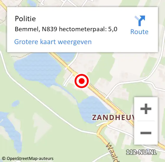 Locatie op kaart van de 112 melding: Politie Bemmel, N839 hectometerpaal: 5,0 op 13 mei 2021 17:23