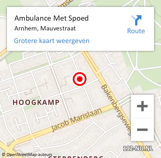 Locatie op kaart van de 112 melding: Ambulance Met Spoed Naar Arnhem, Mauvestraat op 14 mei 2021 12:03