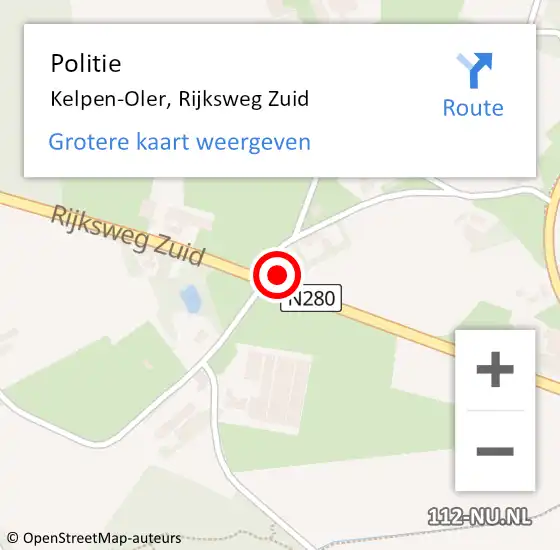 Locatie op kaart van de 112 melding: Politie Kelpen-Oler, Rijksweg Zuid op 14 mei 2021 16:42