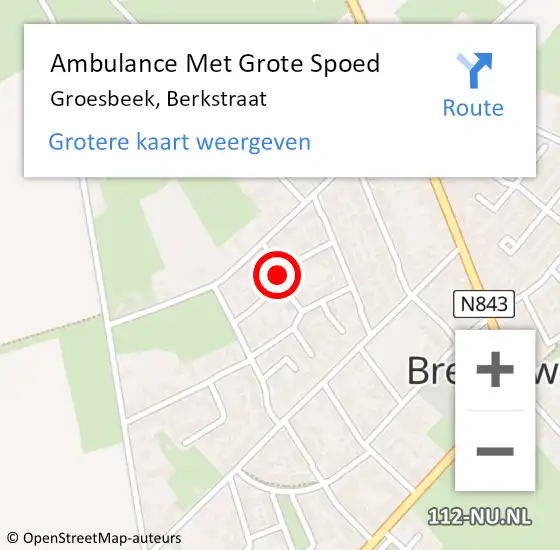 Locatie op kaart van de 112 melding: Ambulance Met Grote Spoed Naar Groesbeek, Berkstraat op 16 mei 2021 11:56