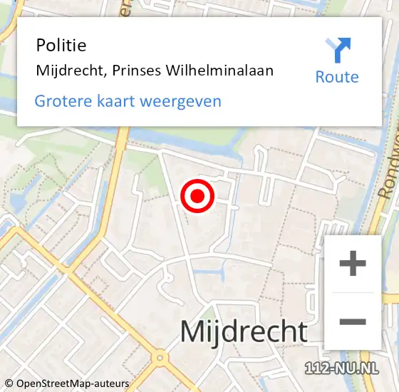 Locatie op kaart van de 112 melding: Politie Mijdrecht, Prinses Wilhelminalaan op 16 mei 2021 22:58