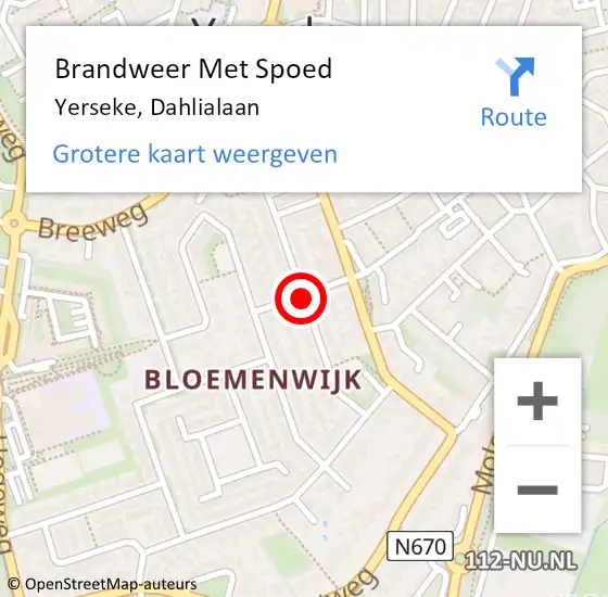 Locatie op kaart van de 112 melding: Brandweer Met Spoed Naar Yerseke, Dahlialaan op 18 mei 2021 04:15