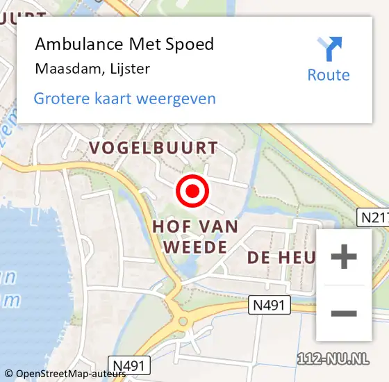 Locatie op kaart van de 112 melding: Ambulance Met Spoed Naar Maasdam, Lijster op 22 mei 2021 00:08