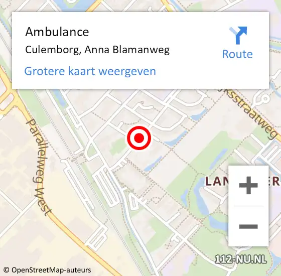 Locatie op kaart van de 112 melding: Ambulance Culemborg, Anna Blamanweg op 25 mei 2021 02:59