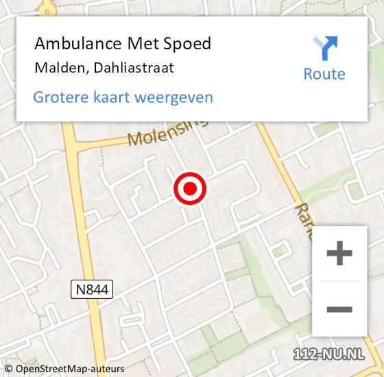 Locatie op kaart van de 112 melding: Ambulance Met Spoed Naar Malden, Dahliastraat op 25 mei 2021 11:27