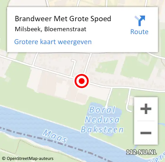 Locatie op kaart van de 112 melding: Brandweer Met Grote Spoed Naar Milsbeek, Bloemenstraat op 26 mei 2021 22:38