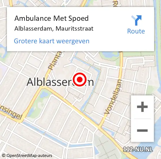 Locatie op kaart van de 112 melding: Ambulance Met Spoed Naar Alblasserdam, Mauritsstraat op 28 mei 2021 03:17