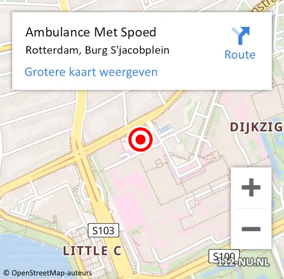 Locatie op kaart van de 112 melding: Ambulance Met Spoed Naar Rotterdam, Burg S'jacobplein op 28 mei 2021 15:30