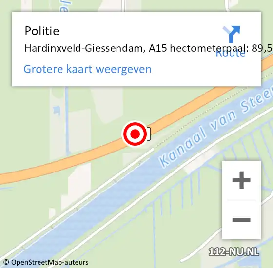 Locatie op kaart van de 112 melding: Politie Hardinxveld-Giessendam, A15 hectometerpaal: 89,5 op 29 mei 2021 08:55