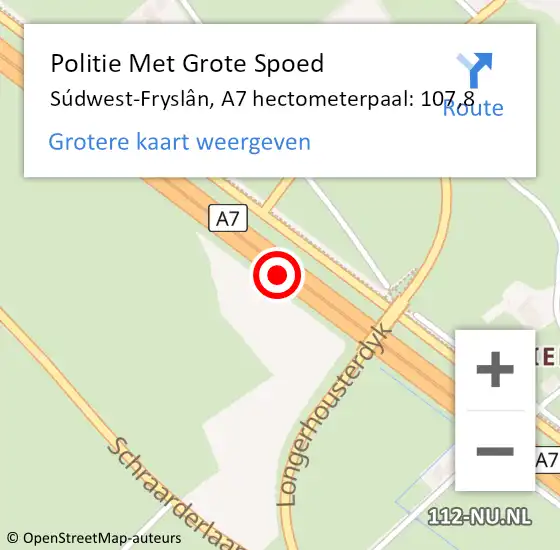 Locatie op kaart van de 112 melding: Politie Met Grote Spoed Naar Súdwest-Fryslân, A7 hectometerpaal: 107,8 op 29 mei 2021 11:02