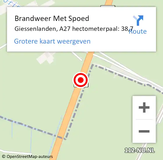 Locatie op kaart van de 112 melding: Brandweer Met Spoed Naar Giessenlanden, A27 hectometerpaal: 38,7 op 29 mei 2021 14:02