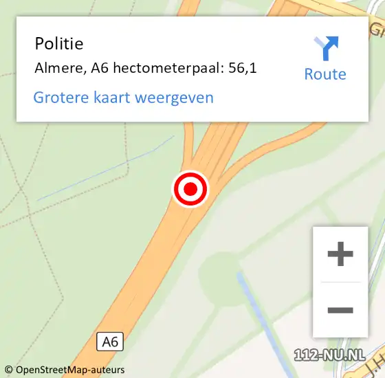 Locatie op kaart van de 112 melding: Politie Almere, A6 hectometerpaal: 56,1 op 29 mei 2021 14:05