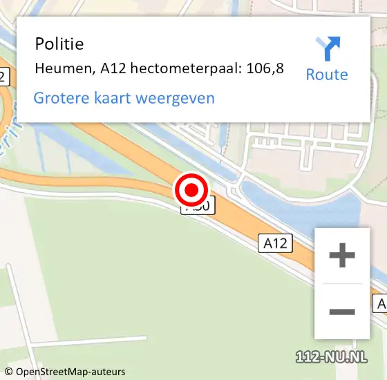 Locatie op kaart van de 112 melding: Politie Heumen, A12 hectometerpaal: 106,8 op 29 mei 2021 15:30