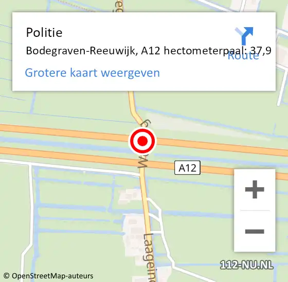Locatie op kaart van de 112 melding: Politie Bodegraven-Reeuwijk, A12 hectometerpaal: 37,9 op 29 mei 2021 21:03