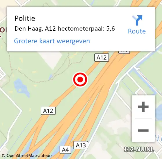 Locatie op kaart van de 112 melding: Politie Den Haag, A12 hectometerpaal: 5,6 op 29 mei 2021 22:52