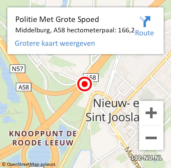 Locatie op kaart van de 112 melding: Politie Met Grote Spoed Naar Middelburg, A58 hectometerpaal: 166,2 op 29 mei 2021 23:05