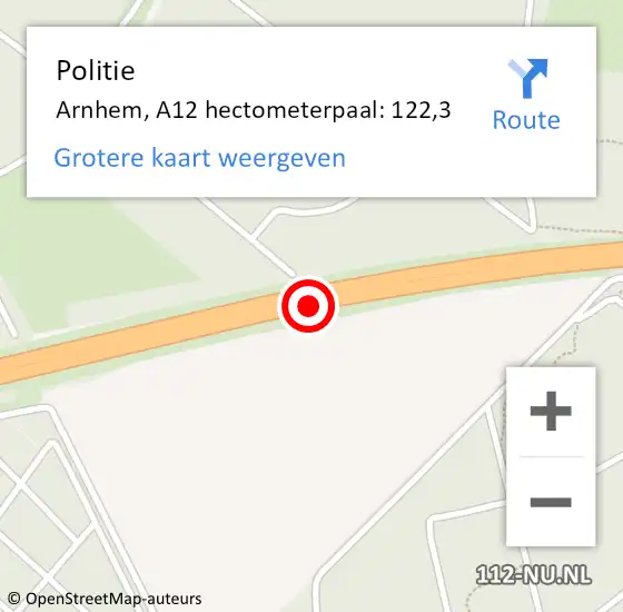 Locatie op kaart van de 112 melding: Politie Arnhem, A12 hectometerpaal: 122,3 op 30 mei 2021 04:00