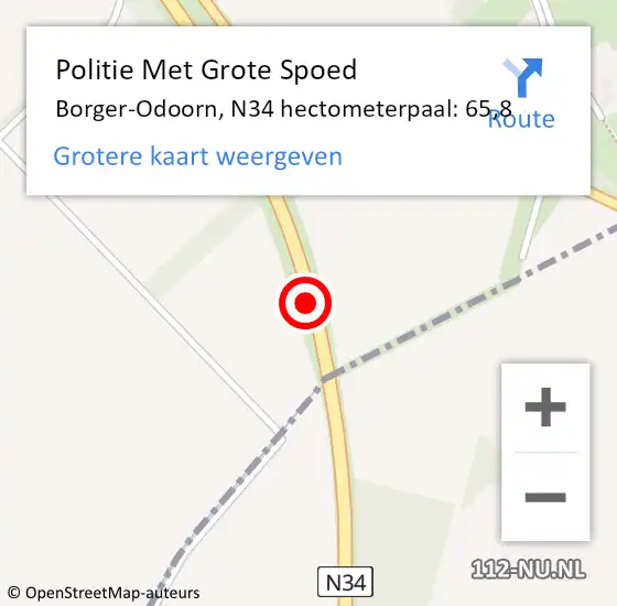 Locatie op kaart van de 112 melding: Politie Met Grote Spoed Naar Borger-Odoorn, N34 hectometerpaal: 65,8 op 30 mei 2021 13:28