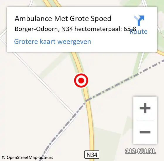 Locatie op kaart van de 112 melding: Ambulance Met Grote Spoed Naar Borger-Odoorn, N34 hectometerpaal: 65,8 op 30 mei 2021 13:31
