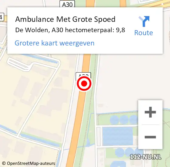 Locatie op kaart van de 112 melding: Ambulance Met Grote Spoed Naar De Wolden, A30 hectometerpaal: 9,8 op 30 mei 2021 19:41