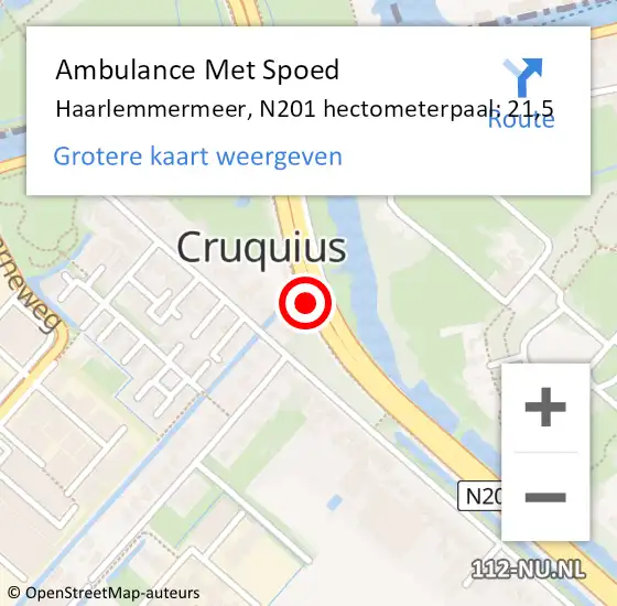 Locatie op kaart van de 112 melding: Ambulance Met Spoed Naar Haarlemmermeer, N201 hectometerpaal: 21,5 op 30 mei 2021 19:59