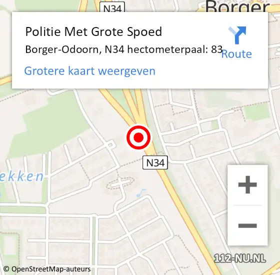 Locatie op kaart van de 112 melding: Politie Met Grote Spoed Naar Borger-Odoorn, N34 hectometerpaal: 83 op 30 mei 2021 20:52