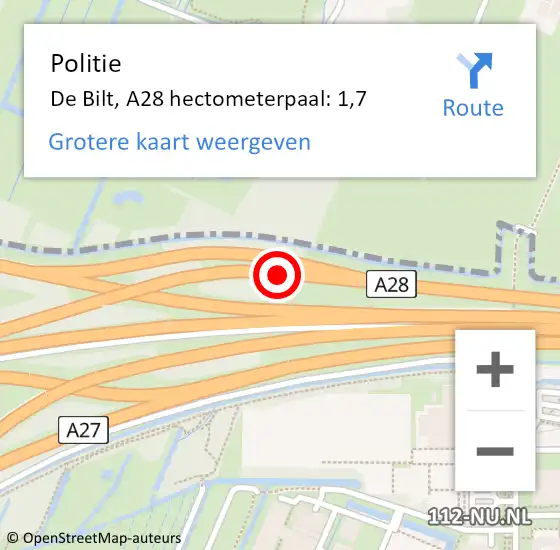 Locatie op kaart van de 112 melding: Politie De Bilt, A28 hectometerpaal: 1,7 op 31 mei 2021 08:13