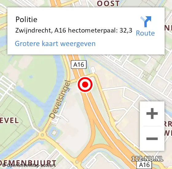 Locatie op kaart van de 112 melding: Politie Zwijndrecht, A16 hectometerpaal: 32,3 op 31 mei 2021 08:34