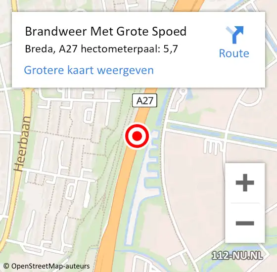 Locatie op kaart van de 112 melding: Brandweer Met Grote Spoed Naar Breda, A27 hectometerpaal: 5,7 op 31 mei 2021 13:51