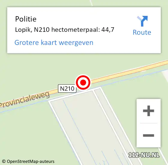 Locatie op kaart van de 112 melding: Politie Lopik, N210 hectometerpaal: 44,7 op 31 mei 2021 14:34
