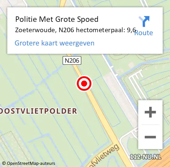 Locatie op kaart van de 112 melding: Politie Met Grote Spoed Naar Zoeterwoude, N206 hectometerpaal: 9,6 op 31 mei 2021 15:24