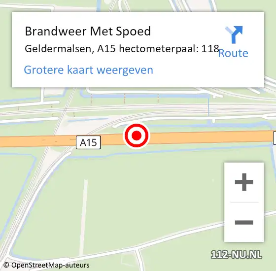 Locatie op kaart van de 112 melding: Brandweer Met Spoed Naar Geldermalsen, A15 hectometerpaal: 118 op 31 mei 2021 15:50