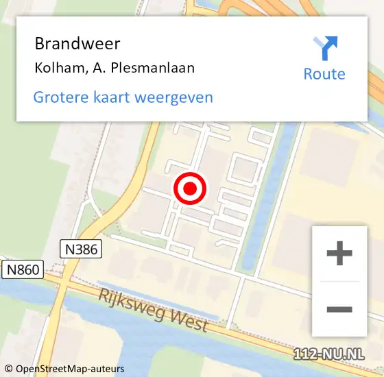 Locatie op kaart van de 112 melding: Brandweer Kolham, A. Plesmanlaan op 31 mei 2021 16:46