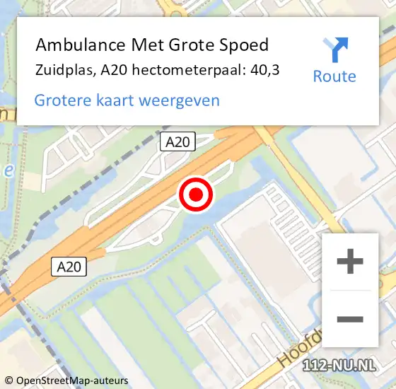 Locatie op kaart van de 112 melding: Ambulance Met Grote Spoed Naar Zuidplas, A20 hectometerpaal: 40,3 op 1 juni 2021 01:00