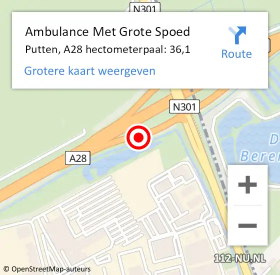 Locatie op kaart van de 112 melding: Ambulance Met Grote Spoed Naar Putten, A28 hectometerpaal: 36,1 op 1 juni 2021 06:52
