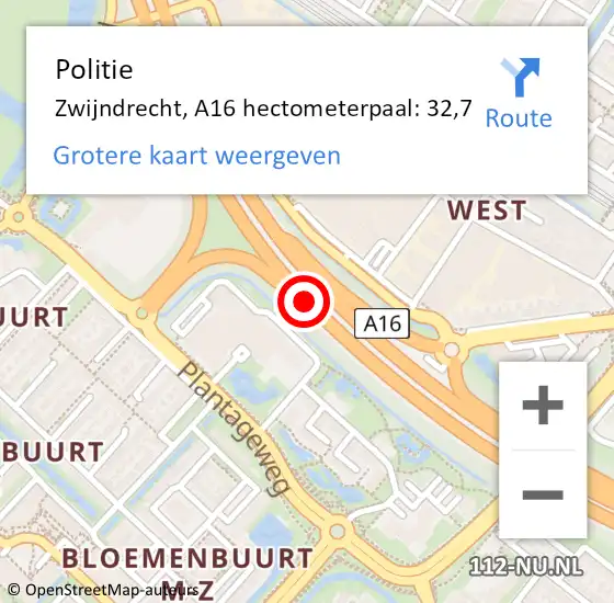 Locatie op kaart van de 112 melding: Politie Zwijndrecht, A16 hectometerpaal: 32,7 op 1 juni 2021 07:03