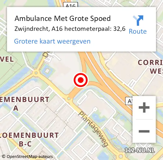 Locatie op kaart van de 112 melding: Ambulance Met Grote Spoed Naar Zwijndrecht, A16 hectometerpaal: 32,6 op 1 juni 2021 07:04