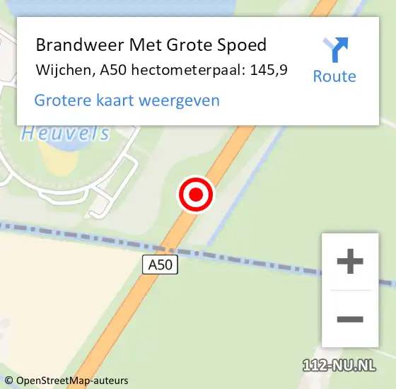 Locatie op kaart van de 112 melding: Brandweer Met Grote Spoed Naar Wijchen, A50 hectometerpaal: 145,9 op 1 juni 2021 08:33