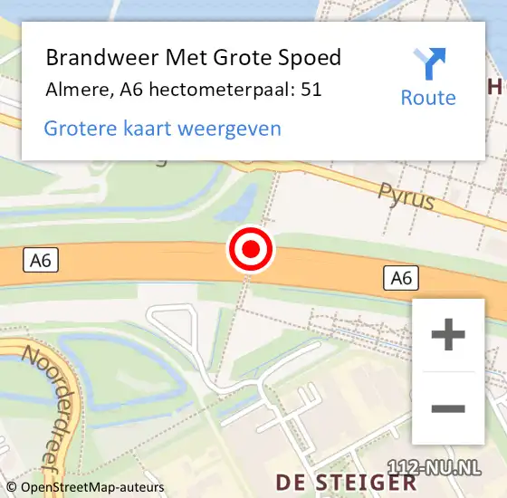 Locatie op kaart van de 112 melding: Brandweer Met Grote Spoed Naar Almere, A6 hectometerpaal: 51 op 1 juni 2021 12:12